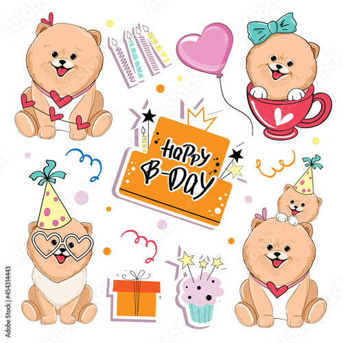 Birthday set greeting card with funny cartoon spitz dogs, cake and festive decor. Vector illustration isolated. Doodle animals. T-shirt design