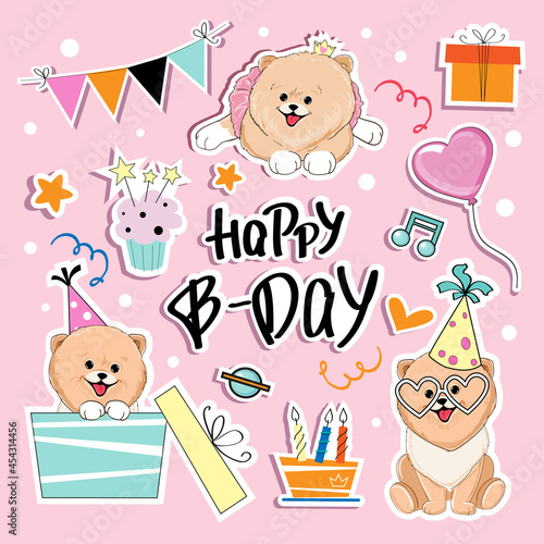 Birthday set with funny cartoon spitz dogs, cake and festive decor. Vector illustration isolated. Doodle animals collection. T-shirt design, greeting card, baby shower