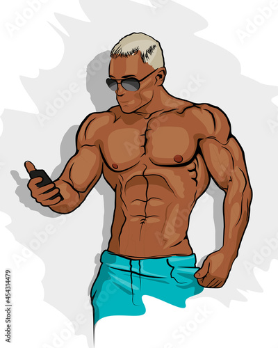 Muscle man silhouette graffiti icon, lifting weights fitness gym icon, athlete men's physique banner, bodybuilder logo on empty background, athlete men's bare torso. Men's physique lettering