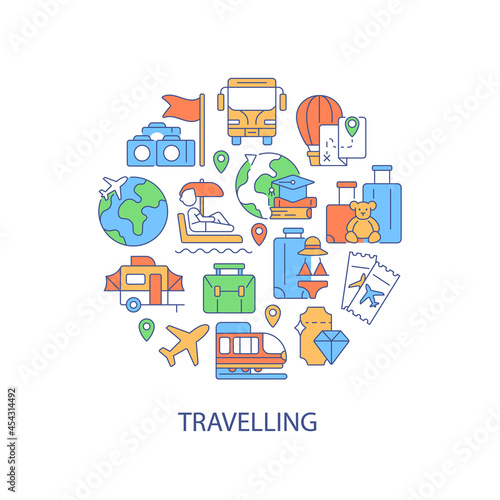 Travel abstract color concept layout with headline. World cruise. Journey for recreation. Flight for tourists. Tourism creative idea. Isolated vector filled contour icons for web background