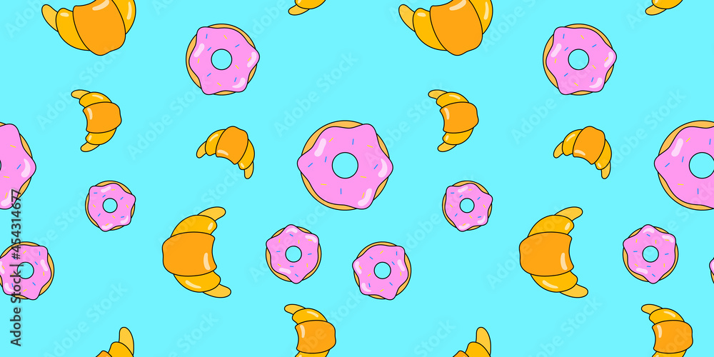 Donuts and croissant seamless pattern. Vector background from sweet pastries for design. Pastry concept. Donuts and croissant seamless pattern. Vector background from sweet pastries for design. Pastry concept.
