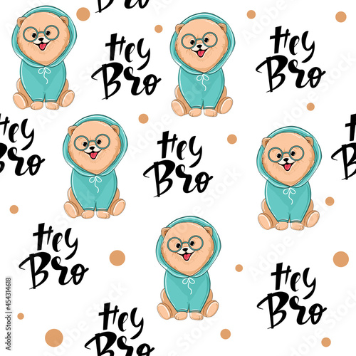 Cute summer spitz and the inscription hey bro seamless pattern. Vector cartoon illustration design for t-shirts. Birthday card