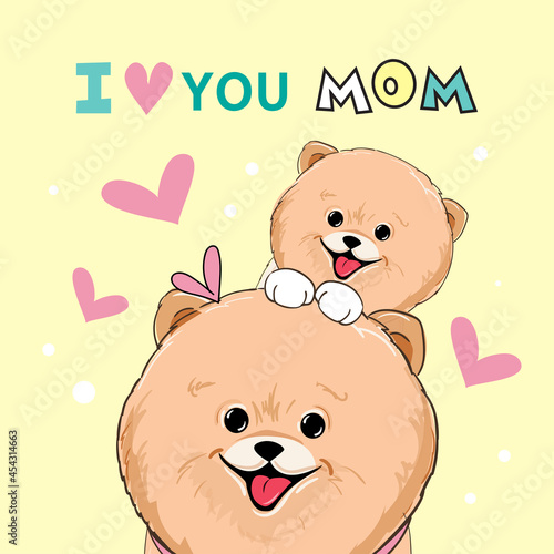 Happy mothers day greeting card with cute spitz dogs and the inscription I love you mom. Vector illustration of funny animals