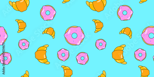 Donuts and croissant seamless pattern. Vector background from sweet pastries for design. Pastry concept.