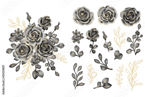 watercolor leaves with rose black gold isolated clip art