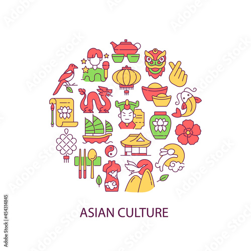 Asian culture abstract color concept layout with headline. Eastern traditions. South Korea attributes. Japan symbols. Asia creative idea. Isolated vector filled contour icons for web background