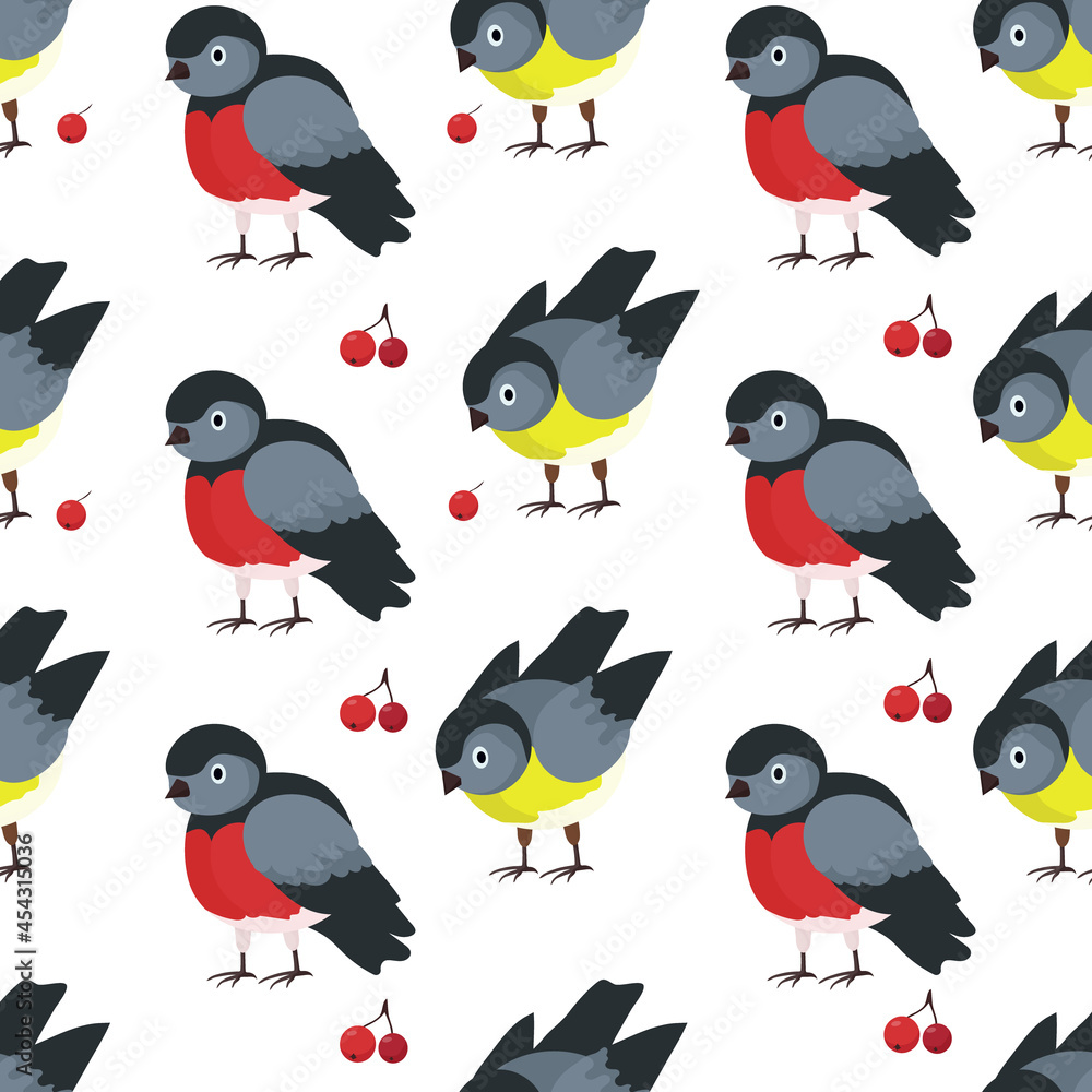 Fototapeta premium seamless pattern with birds. Bullfinches and tits. Nature vector background
