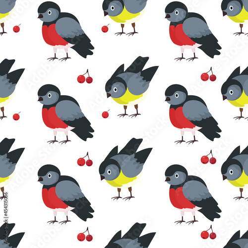 seamless pattern with birds. Bullfinches and tits. Nature vector background