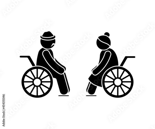 Grandparents stick figure old man and woman vector illustration set. Grandfather and grandmother couple sitting in wheelchair icon silhouette pictogram on white