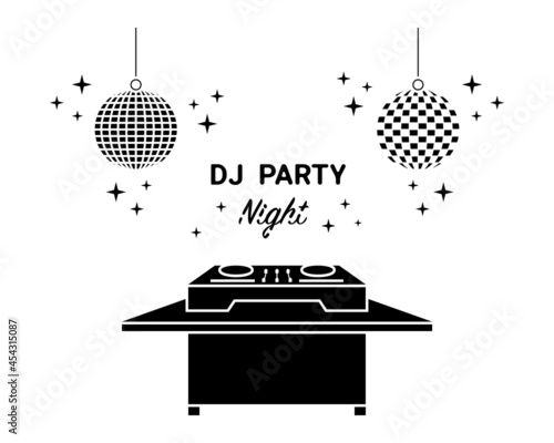 Dj mixing controller, desk, table at nightclub vector icon set. Night party playing dance, electronic, techno music silhouette pictogram on white background