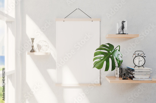 Wooden poster hanger mockup. 3D rendering