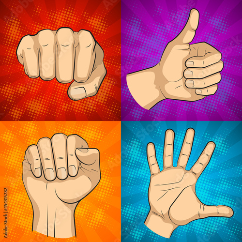 Wrist of people comics sketch picture set. Cartoon palm man's hand banner illustration. Human individual gesture of fives fingers drawing outline. People knukle gesture collection