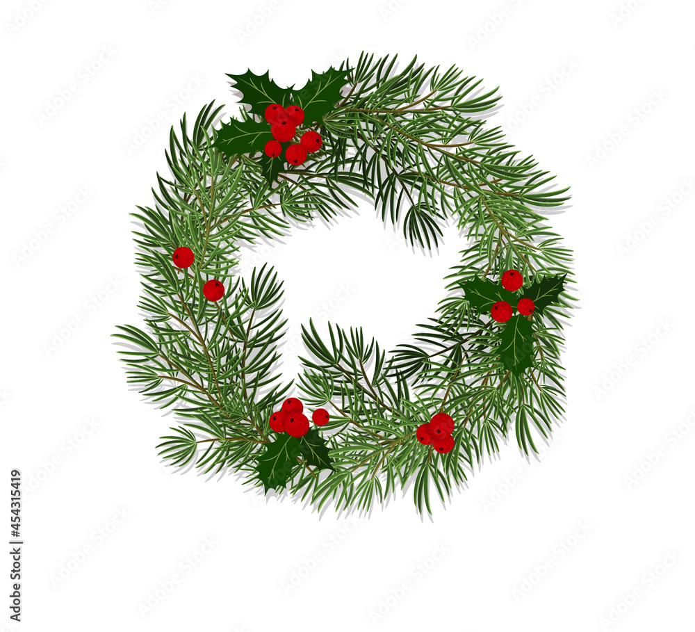 Christmas wreath made of spruce branches decorated with leaves and holly berries. Flat style vector ,illustration, isolated on white background Christmas wreath made of spruce branches decorated with leaves and holly berries. Flat style vector ,illustration, isolated on white background