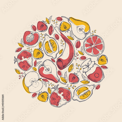 Rosh hashanah jewish new year holiday. Shana Tova round composition with fruits. Vector illustration for greeting card; poster; banner template.
