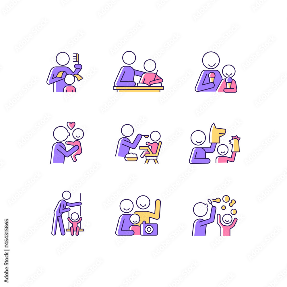 Bonding activity RGB color icons set. Braiding pigtails. Help with homework. Kissing child. Family photo. Blow bubbles. Puppetry. Isolated vector illustrations. Simple filled line drawings collection Bonding activity RGB color icons set. Braiding pigtails. Help with homework. Kissing child. Family photo. Blow bubbles. Puppetry. Isolated vector illustrations. Simple filled line drawings collection