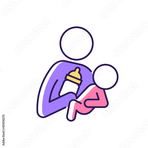 Bottle feeding RGB color icon. Skin-to-skin contact. Bond between parent and baby. Creating emotional closeness. Mother-newborn bonding. Isolated vector illustration. Simple filled line drawing