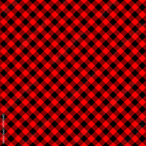 Diagonal red and black buffalo seamless pattern. Checkered lumberjack plaid texture. Geometric background for flannel shirt, picnic blanket, kitchen napkin, tweed coat. Vector flat illustration.
