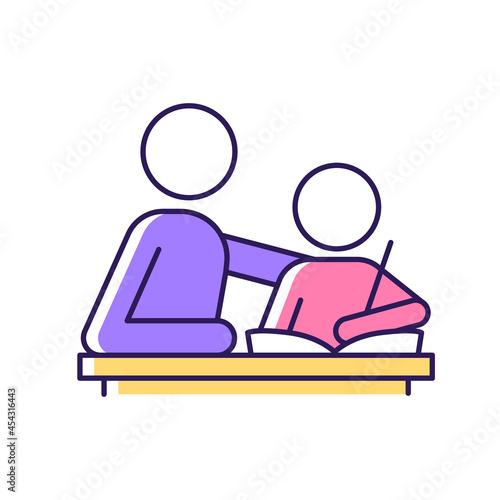 Helping with homework RGB color icon. Praising, encouraging child to study. Parental involvement. Enhancing academic performance. Bonding time. Isolated vector illustration. Simple filled line drawing