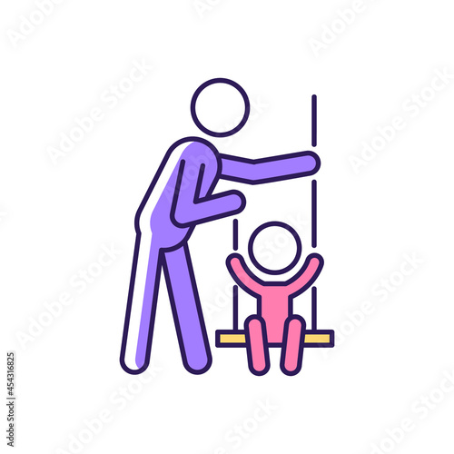 Playing on swings RGB color icon. Outdoor play with child. Motor skills development. Increase emotional bonding with parent. Cooperative play. Isolated vector illustration. Simple filled line drawing