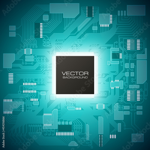 Circuit board. Electronic computer hardware processor technology. Motherboard digital chip. Tech science background. Integrated communication processor. Information engineering motherboard component