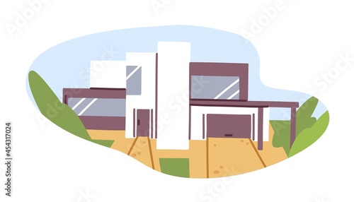 Exterior of modern house building with glass windows and garage. Construction...