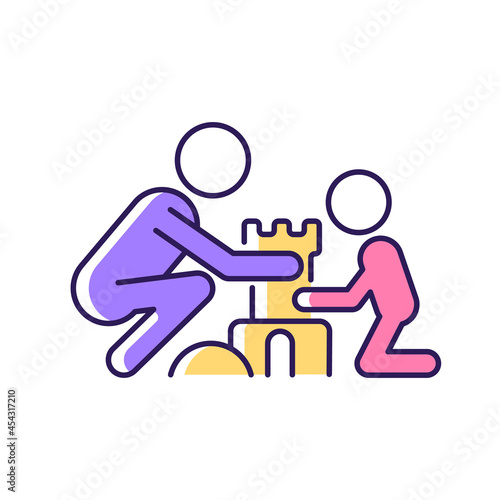 Making sandcastles RGB color icon. Develop child creativity. Outdoor family bonding time. Enjoy summer vacation on beach. Encourage teamwork. Isolated vector illustration. Simple filled line drawing