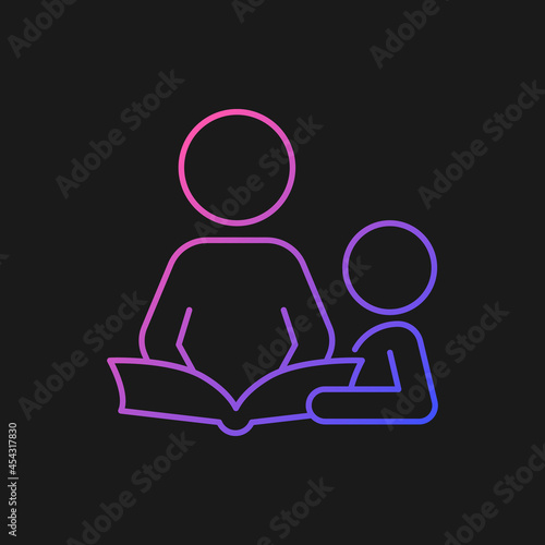 Reading book with child gradient vector icon for dark theme. Spend time together. Develop kid imagination. Thin line color symbol. Modern style pictogram. Vector isolated outline drawing