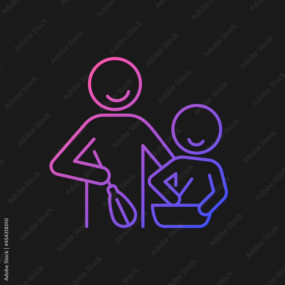 Cooking with kid gradient vector icon for dark theme. Creating family tradition. Preparing food together. Thin line color symbol. Modern style pictogram. Vector isolated outline drawing Cooking with kid gradient vector icon for dark theme. Creating family tradition. Preparing food together. Thin line color symbol. Modern style pictogram. Vector isolated outline drawing