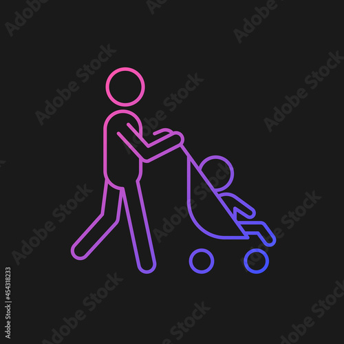 Walking with stroller gradient vector icon for dark theme. Bonding time with newborn. Walk with baby carriage. Thin line color symbol. Modern style pictogram. Vector isolated outline drawing