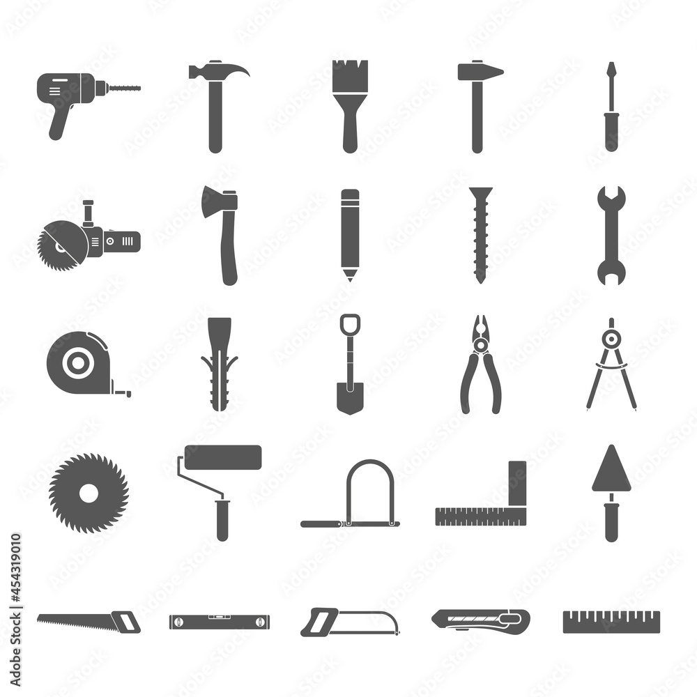 Repair, building and work instruments collection. Construction tools icons large set. Black silhouettes. Vector isolated on white Repair, building and work instruments collection. Construction tools icons large set. Black silhouettes. Vector isolated on white