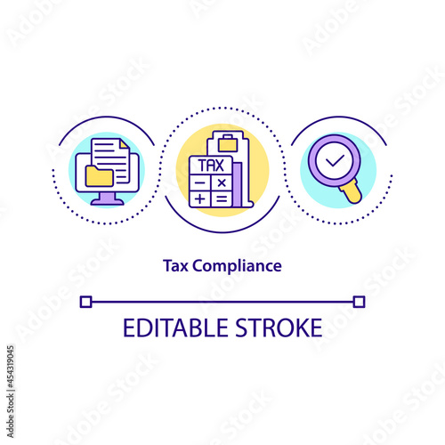 Tax compliance concept icon. Taxation requirements and regulations abstract idea thin line illustration. Company responsibility. Vector isolated outline color drawing. Editable stroke
