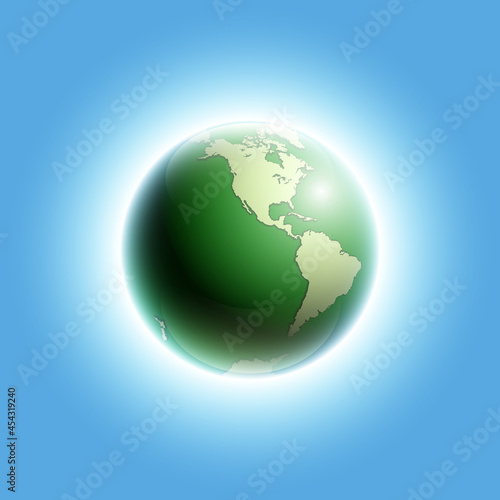 World map rising sun. Solar eclipse globe icon, space sunlight. Planet Earth sunny glow background view from space. Continents world Sunshine picture. Colorful solar eclipse astro poster presentation © volonoff