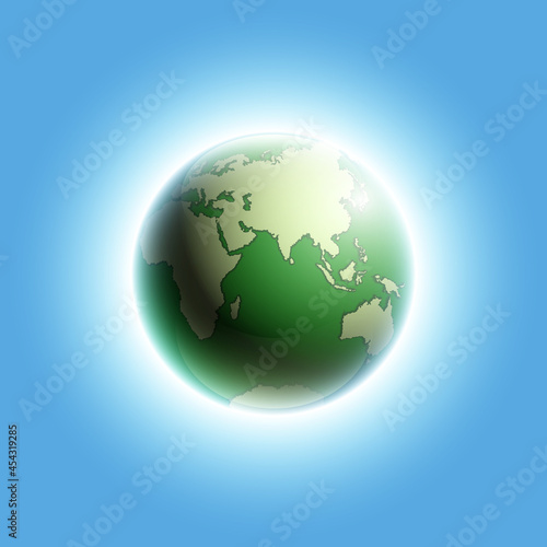World map rising sun. Solar eclipse globe icon  space sunlight. Planet Earth sunny glow background view from space. Continents world Sunshine picture. Colorful solar eclipse astro poster presentation