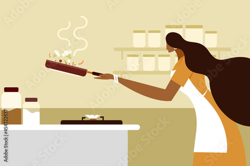 Illustration of a woman cooking in the kitchen