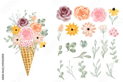 flower cone with rose and leaves isolated clipart