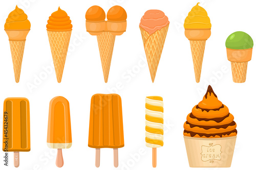 big kit ice cream popsicle different types in cone waffle cup