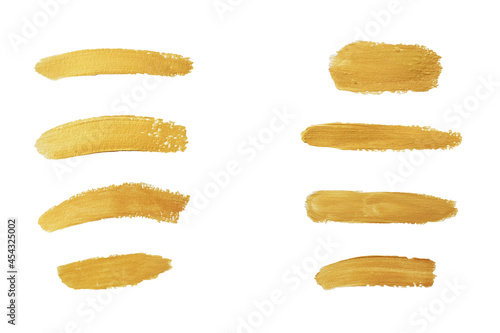 Gold paint stroke set. Gold brush abstract art illustration. Gold glittering design art brush stroke.
creative set yellow paint isolated collection. Design golden stroke effect brush color painting.
