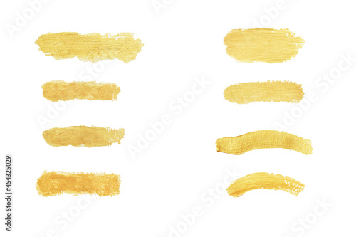 Gold paint stroke set. Gold brush abstract art illustration. Gold glittering design art brush stroke. creative set yellow paint isolated collection. Design golden stroke effect brush color painting.