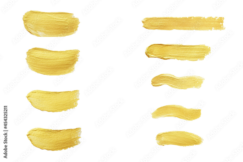 Gold paint stroke set. Gold brush abstract art illustration. Gold