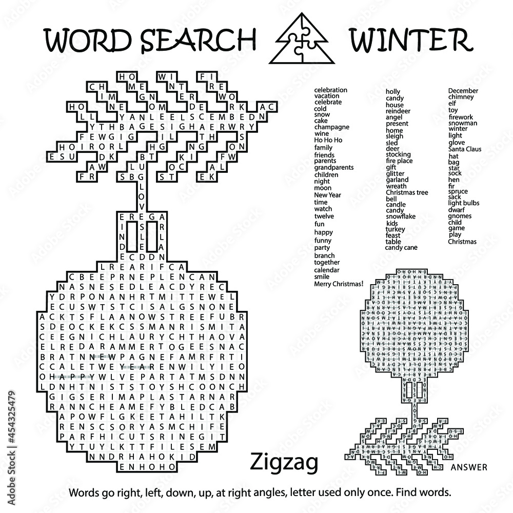 Zigzag Word Search Crossword Puzzle. Christmas tree branch and toy. Black, white educational activity page. Worksheet. Game for kids, adults Zigzag Word Search Crossword Puzzle. Christmas tree branch and toy. Black, white educational activity page. Worksheet. Game for kids, adults