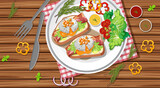 Bruschetta on a plate with fresh vegetables on table background