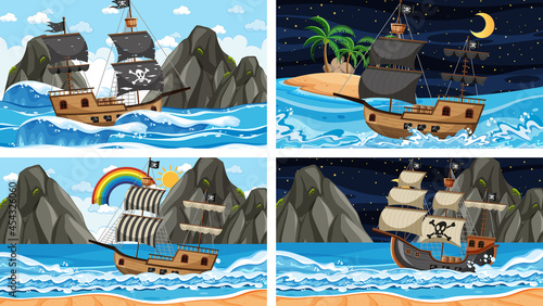 Set of different beach scenes with pirate ship and pirate cartoon character