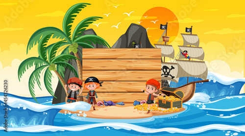 Empty banner template with pirate kids at the beach sunset scene