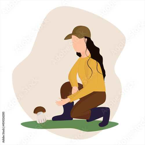 Mushroom picking. Cartoon girl in autumn clothes and rubber boots collects mushrooms. Reaching out to collect the mushroom. Ecology concept of vegetarian food, walk outdoors. Vector 10. Copy space