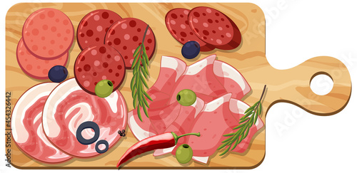 Different cold meats on platter isolated on white background