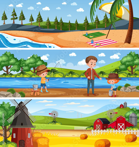 Different nature landscape at daytime scene with cartoon character