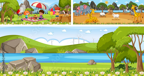 Set of different outdoor landscape scenes with cartoon character