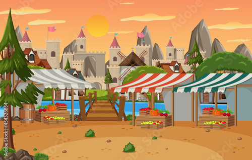 Medieval town scene with market place