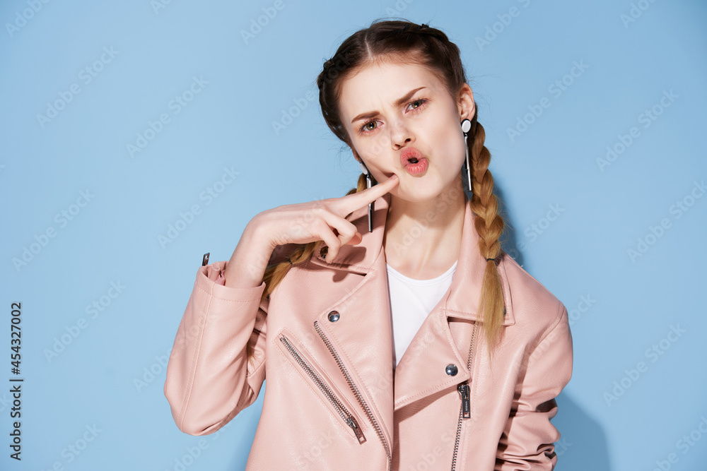 pretty woman with pigtails pink jacket fashion glamor pretty woman with pigtails pink jacket fashion glamor
