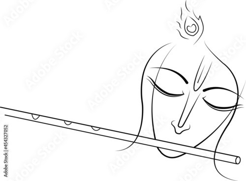 illustration of face of Krishna with flute in line art